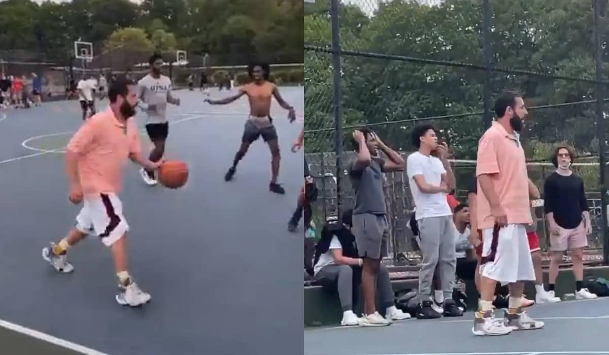 Vídeo de Adam Sandler jogando basquete de rua com camisa polo viraliza na web