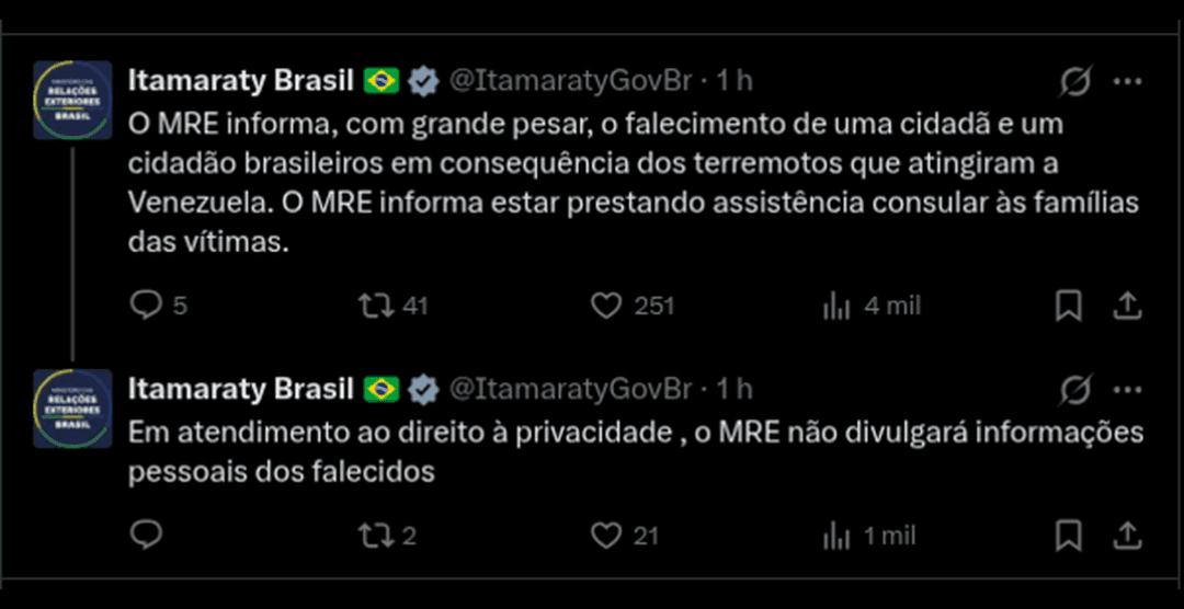Itamaraty confirma morte de dois brasileiros após terremotos na Venezuela