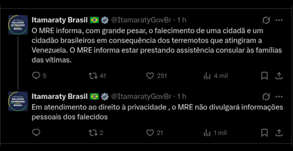Itamaraty confirma morte de dois brasileiros após terremotos na Venezuela