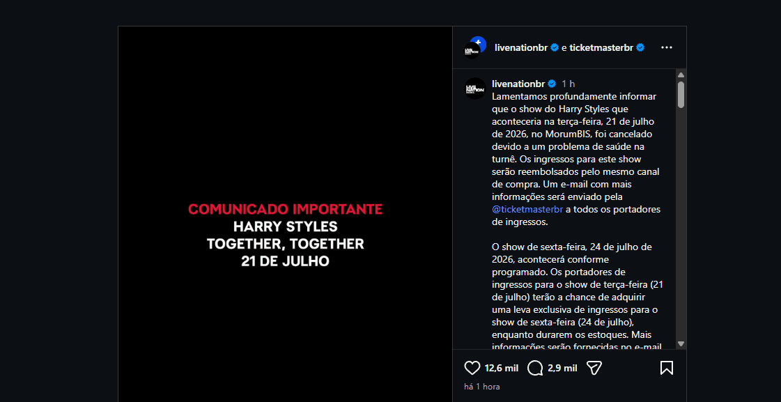 Cancelamento de show de Harry Styles em São Paulo pega fãs de surpresa e gera comoção nas redes sociais