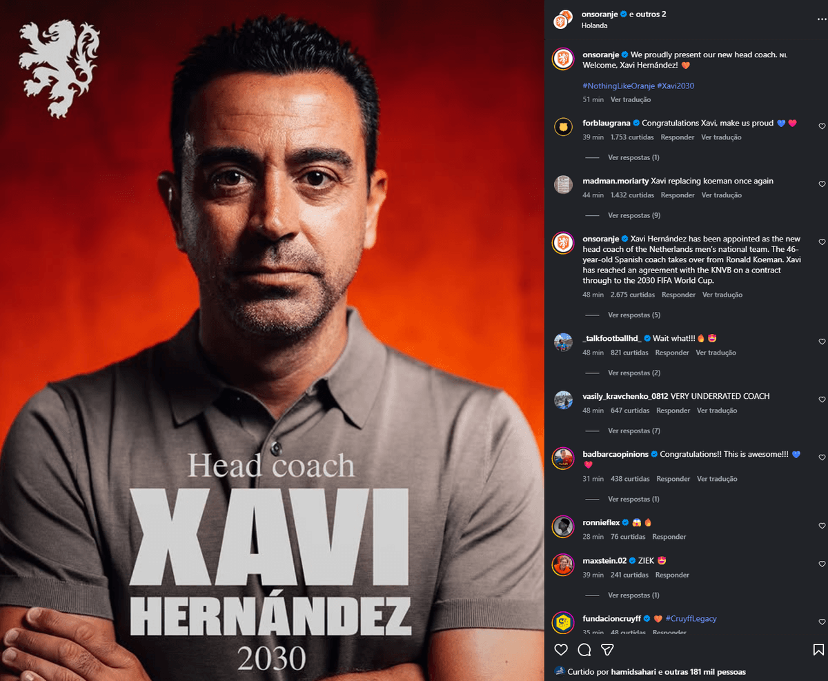Xavi, ex-Barcelona, é anunciado como novo técnico da seleção da Holanda