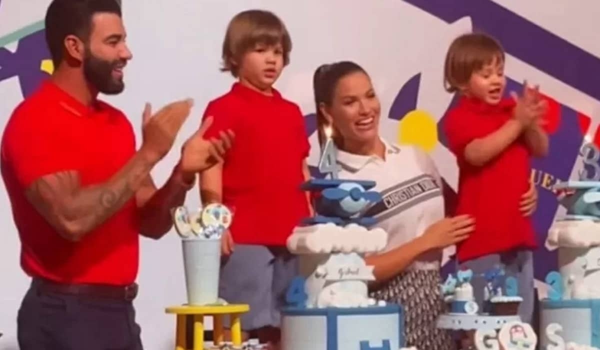 Andressa Suita e Gusttavo Lima se reúnem para comemorar aniversário dos filhos