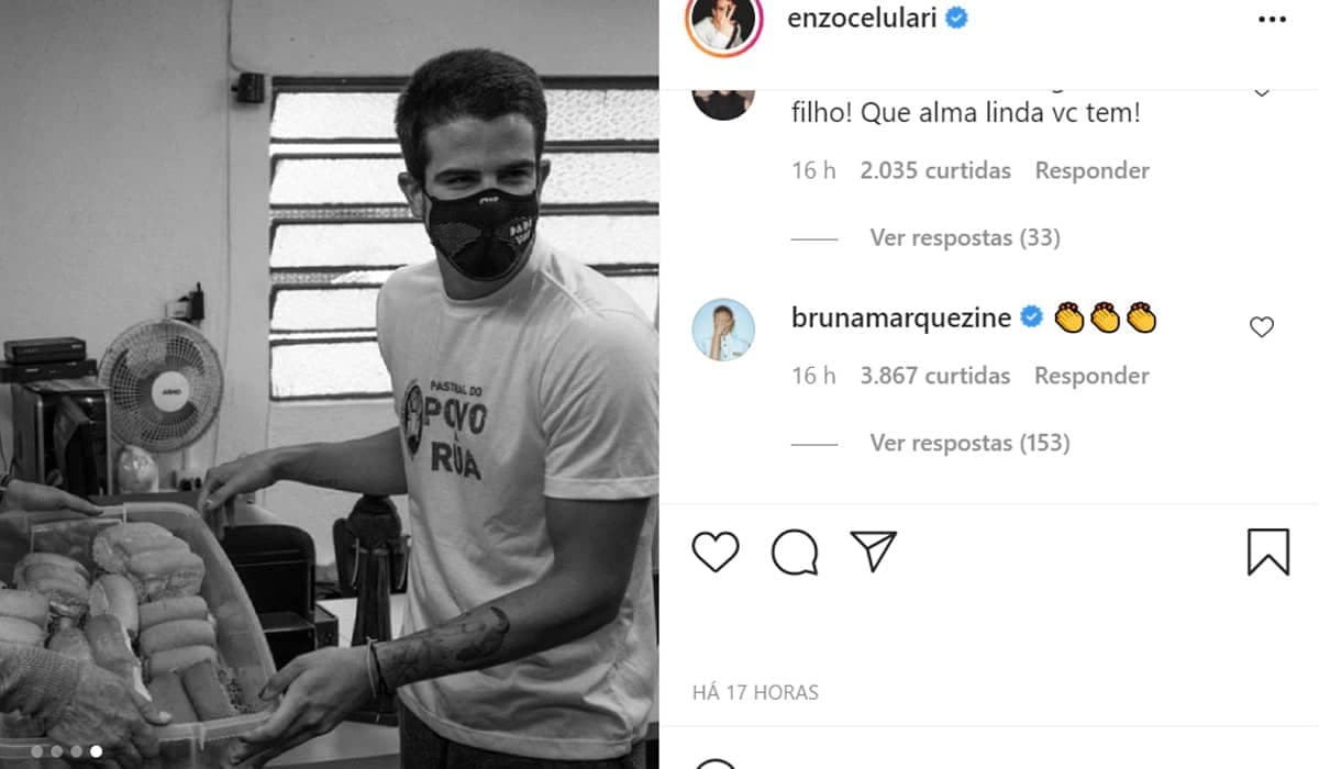 Após suposto término, Bruna Marquezine reage com aplausos a post de Enzo Celulari