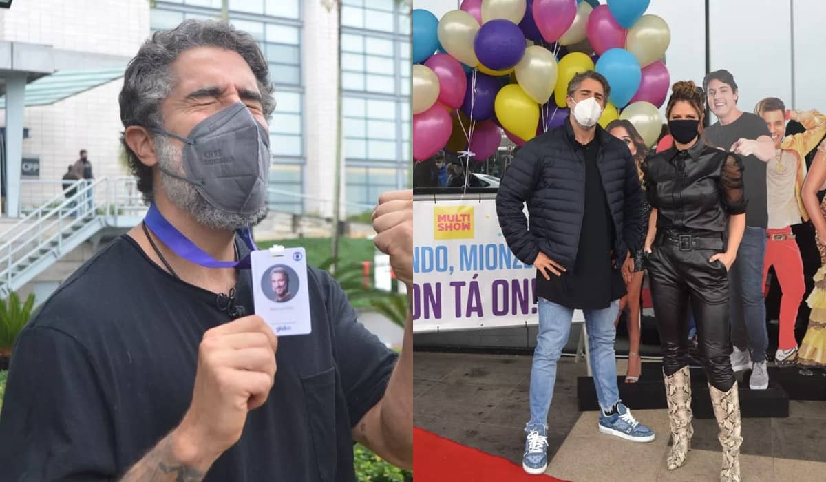 Marcos Mion exibe crachá da Globo em tapete vermelho e comemora nova fase