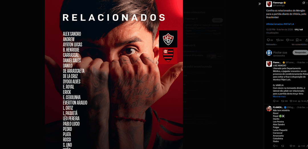 Flamengo divulga relacionados para o jogo contra o Vitória pelo Brasileirão