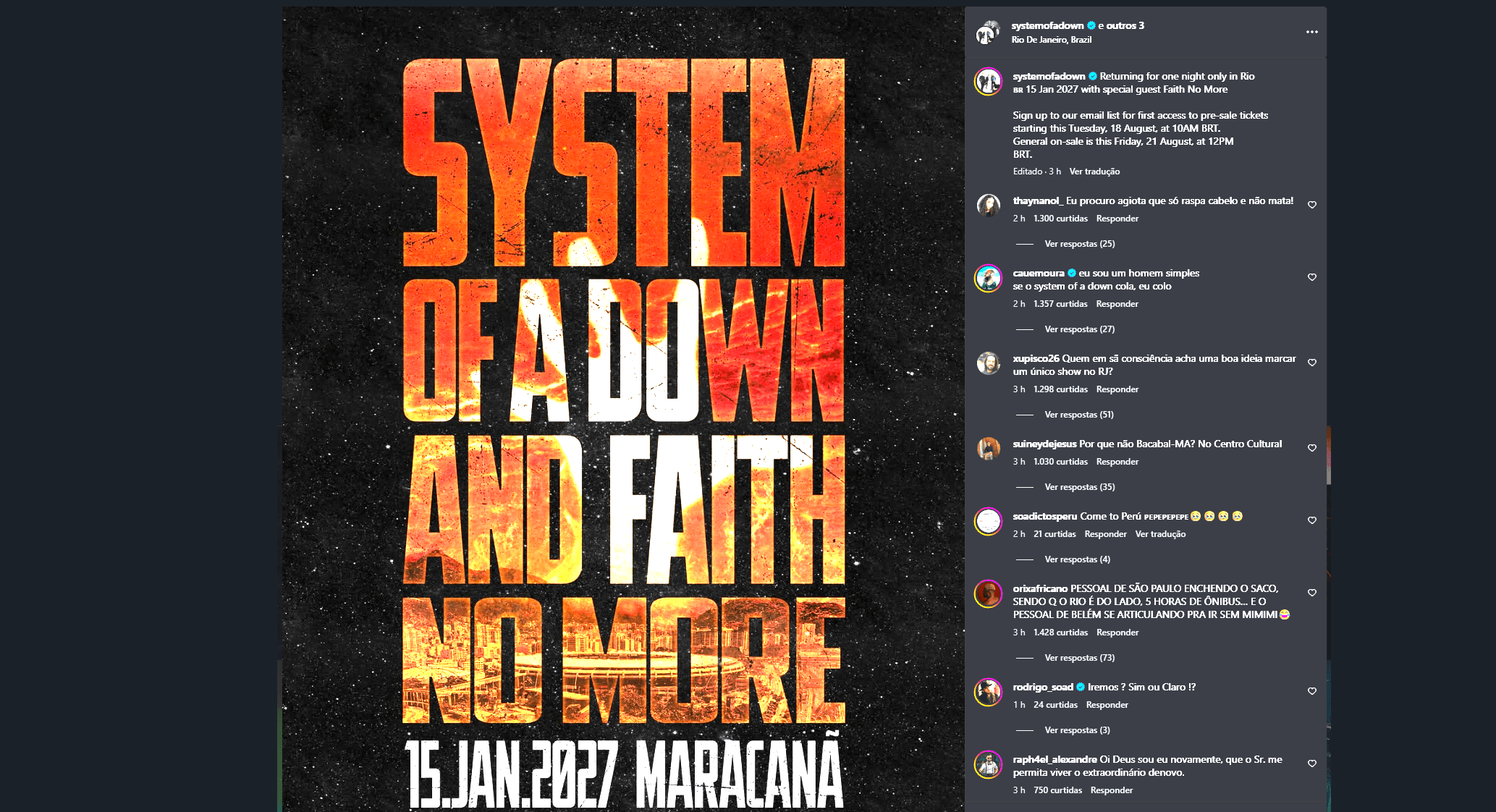System of a Down e Faith No More anunciam show único no Maracanã em 2027